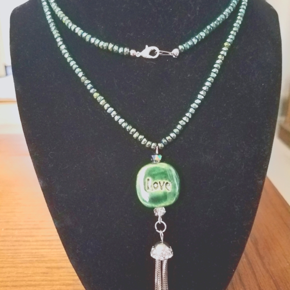NWOT - Handmade Green Hematite beaded necklace, w/ a Stone bead & Tassel Pendant